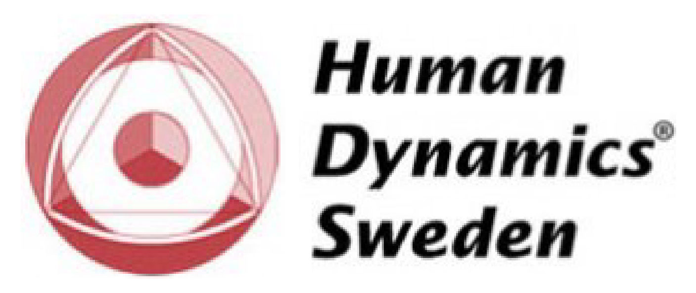 Different red and white shapes overlapping with the text: Human Dynamics Sweden on the right side